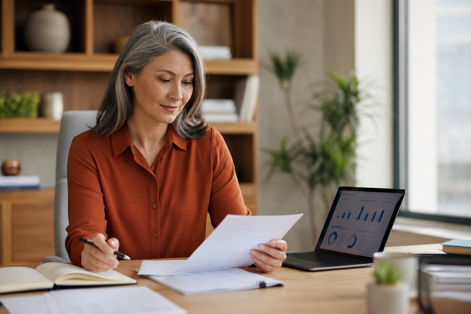 HR Consultant in Warm Office with Analytics Dashboard