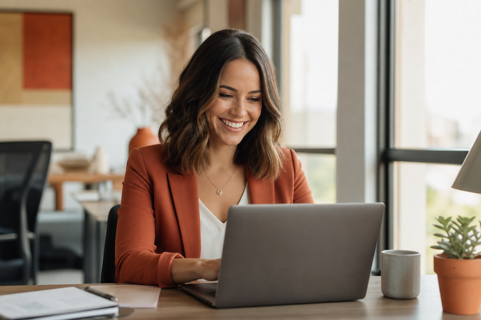 HR Professional Working in Modern Office with Warm Light and RustOrange Palette HR Professional Working in Modern Office with Warm Light and RustOrange Palette