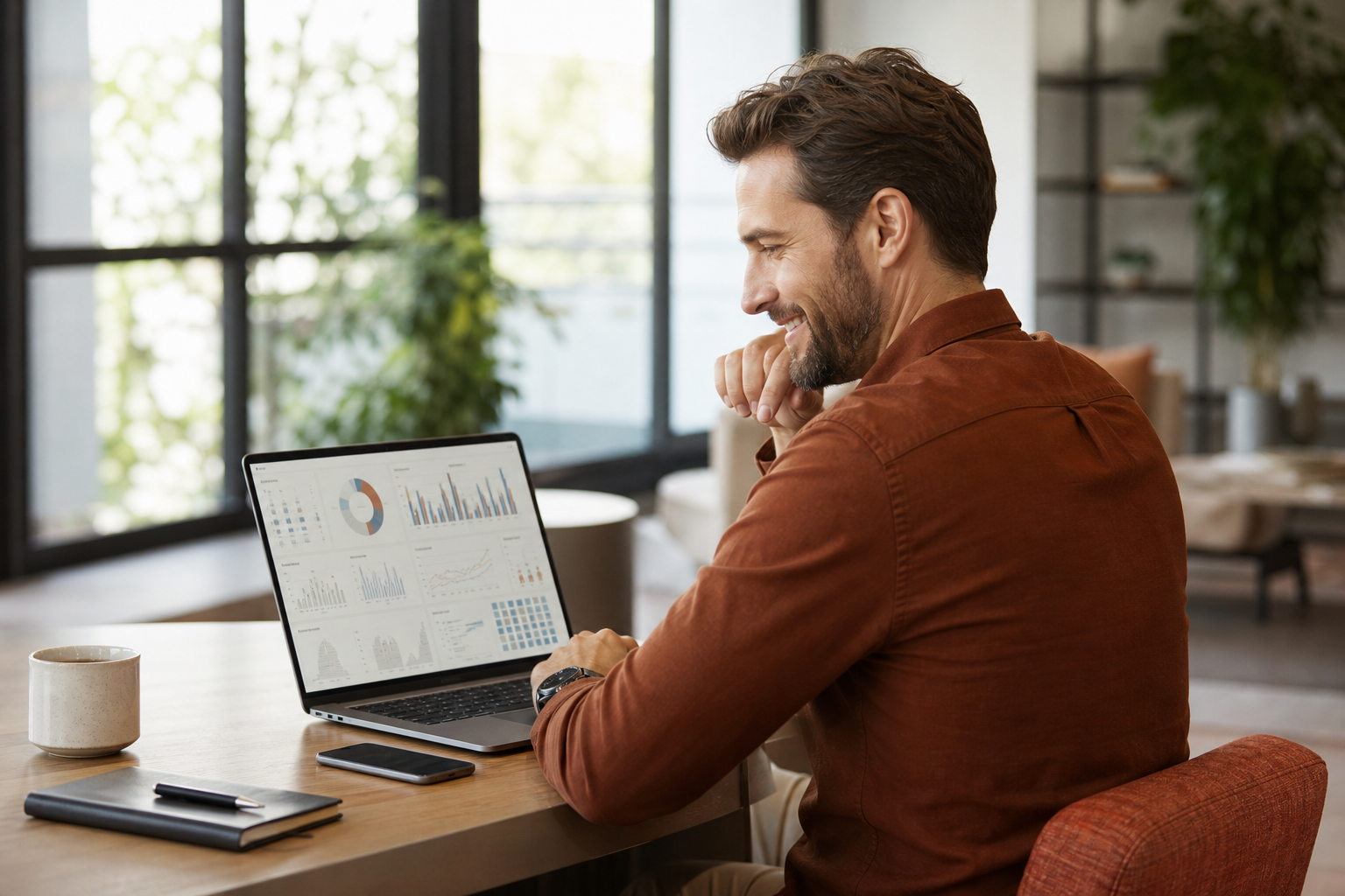 Happy Professional Reviewing HR Analytics on Laptop